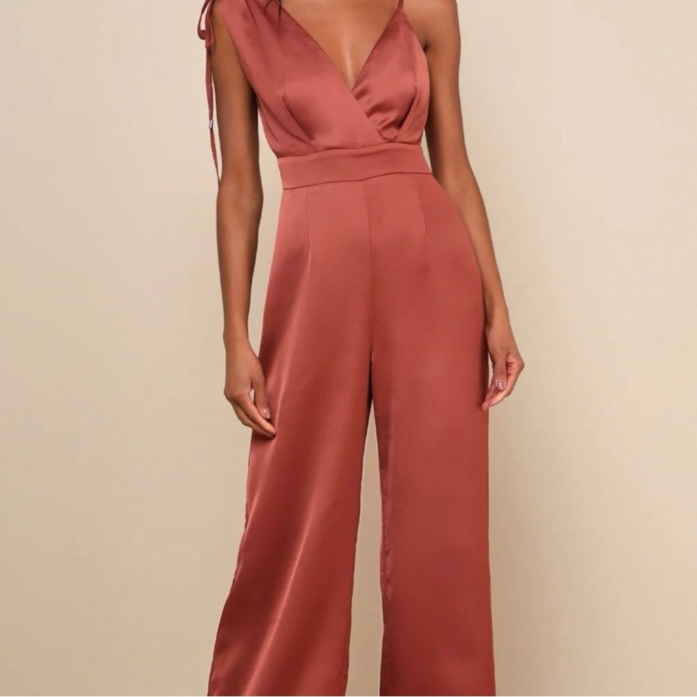 Renamed Look of Luxe Rust Satin Jumpsuit Wide Leg Size Small - Picture 6 of 13